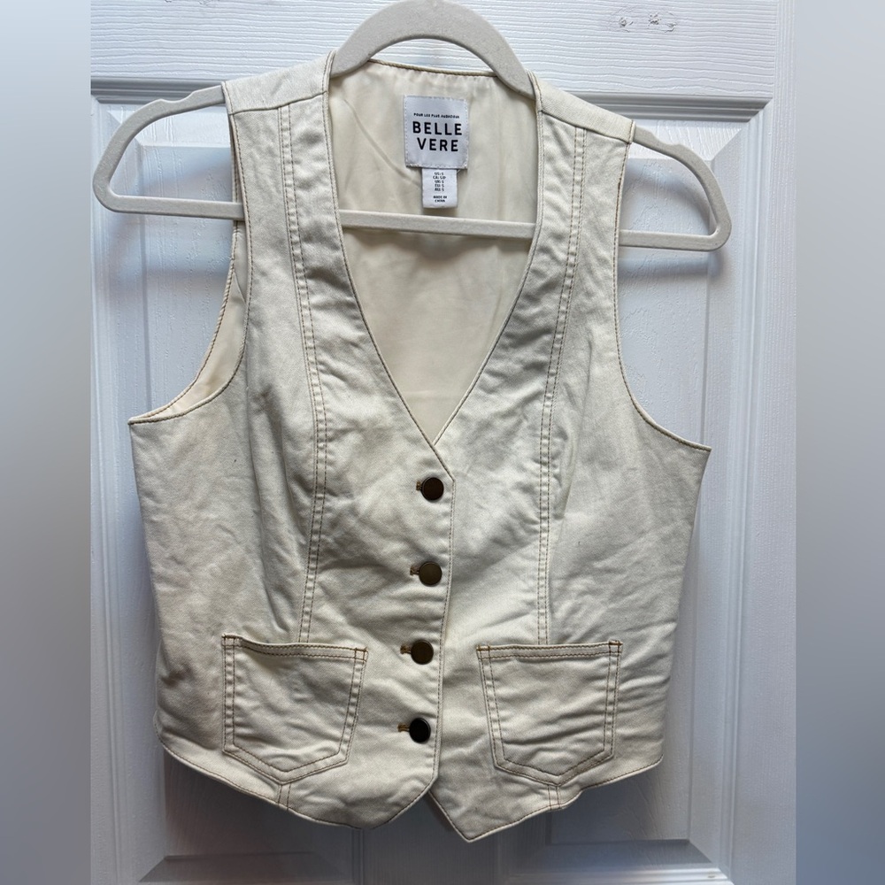 Cream Sleeveless Denim Vest with Front Buttons